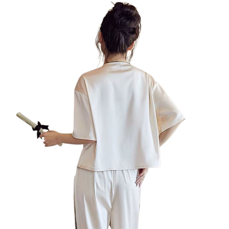 SENJI Beige Short Sleeve Long Pants Set(Products can be customized, price ask customer service)Home Leisure Suit ins style loungewear