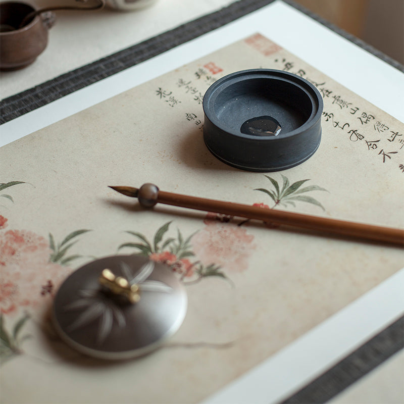 XUANYAN The bamboo moon covered the ink sea with tin Wenfang four treasures ink stone with cover is suitable for small ink stone