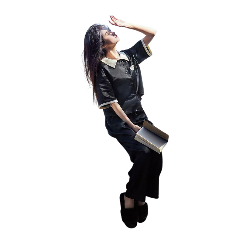 SENJI Black Short Sleeve Long Pants Set（Products can be customized, price ask customer service）Soft and breathable  Light and comfortable