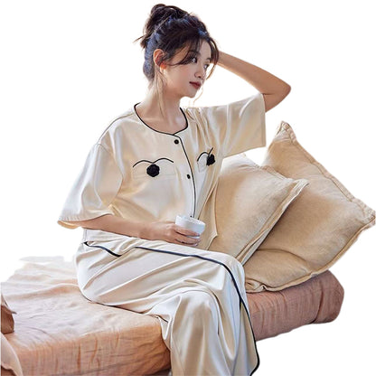 SENJI  Beige Short Sleeve Long Pants Set（Products can be customized, price ask customer service）Home Leisure Suit  ins style loungewear