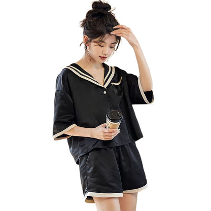SENJI Black Short Sleeve Shorts Set（Products can be customized, price ask customer service）loose-fitting pyjamas  Wearable Loungewear
