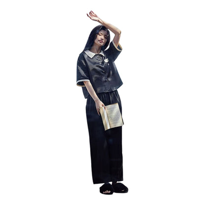 SENJI Black Short Sleeve Long Pants Set（Products can be customized, price ask customer service）Soft and breathable  Light and comfortable