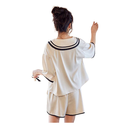 SENJI  Beige Shorts Short Sleeve Set（Products can be customized, price ask customer service）Pajama set  Cotton loungewear