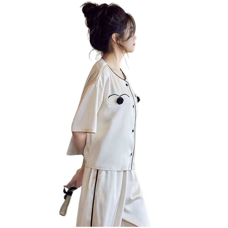 SENJI  Beige Short Sleeve Long Pants Set（Products can be customized, price ask customer service）Home Leisure Suit  ins style loungewear
