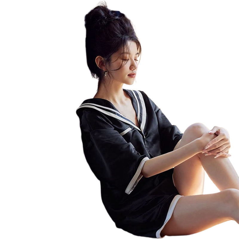 SENJI Black Short Sleeve Shorts Set（Products can be customized, price ask customer service）loose-fitting pyjamas  Wearable Loungewear