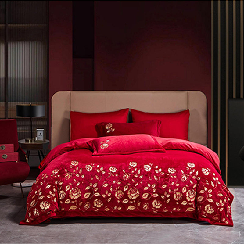 SHANGDIE Prosperous feast wedding wedding bedding four sets（Customized products, specific price ask customer service）Wedding milk velvet embroidery four-piece set
