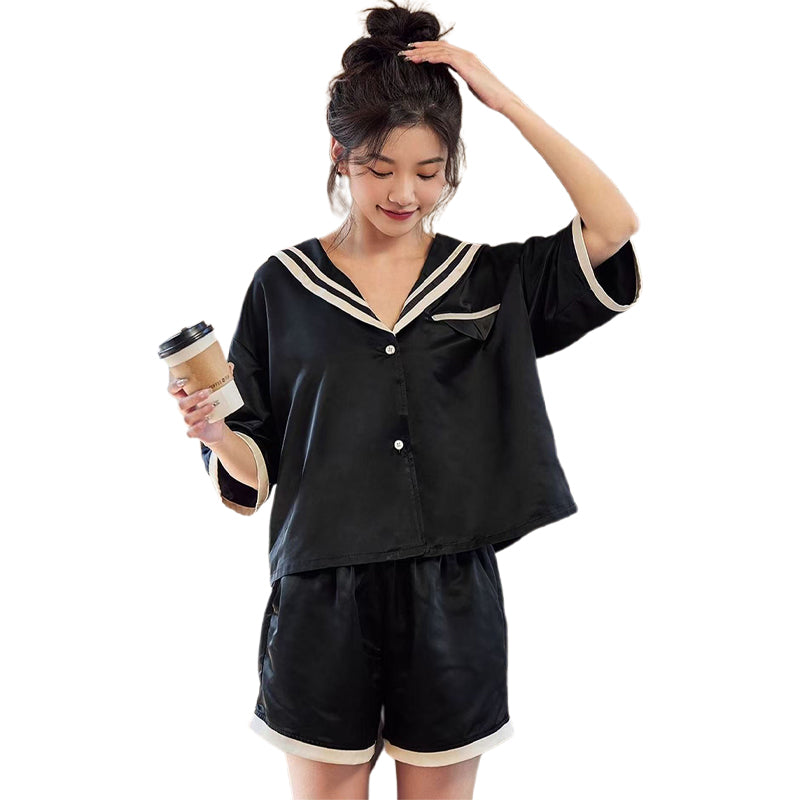 SENJI Black Short Sleeve Shorts Set（Products can be customized, price ask customer service）loose-fitting pyjamas  Wearable Loungewear