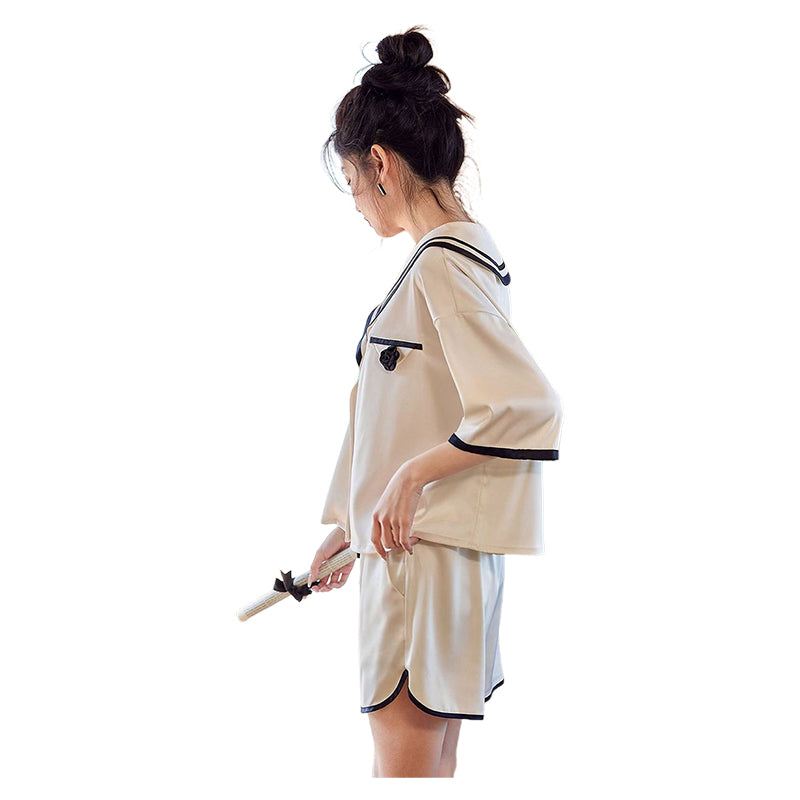 SENJI  Beige Shorts Short Sleeve Set（Products can be customized, price ask customer service）Pajama set  Cotton loungewear