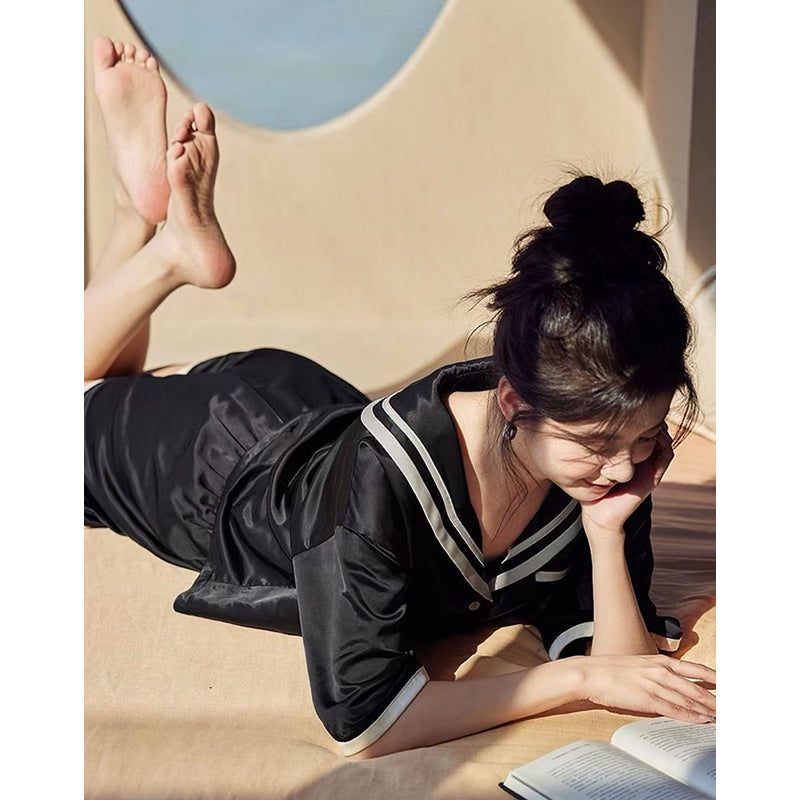 SENJI Black Short Sleeve Shorts Set（Products can be customized, price ask customer service）loose-fitting pyjamas  Wearable Loungewear