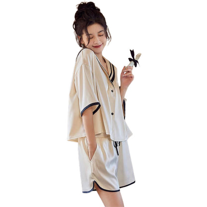 SENJI  Beige Shorts Short Sleeve Set（Products can be customized, price ask customer service）Pajama set  Cotton loungewear