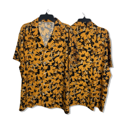 XINHUARUI Plus-size beach shirt Printed shirt  Yellow background with black flowers