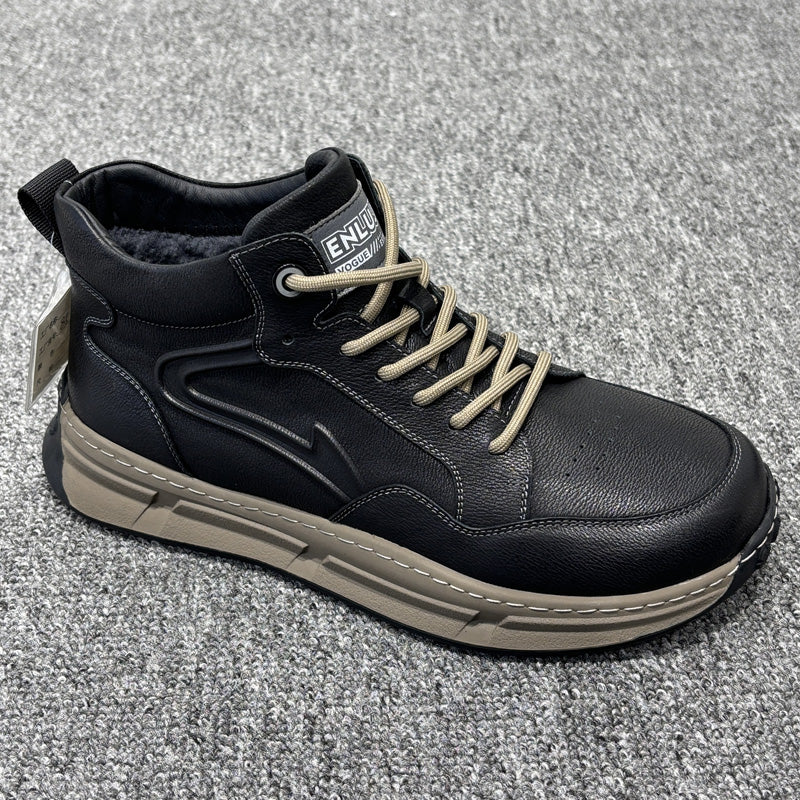 YONGJIA Winter high top leather head layer cowhide wool thick warm men's shoes Casual and comfortable outdoor work shoes (85913-1M) Velvet goes with everything