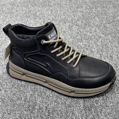 YONGJIA Winter high top leather head layer cowhide wool thick warm men's shoes Casual and comfortable outdoor work shoes (85913-1M) Velvet goes with everything