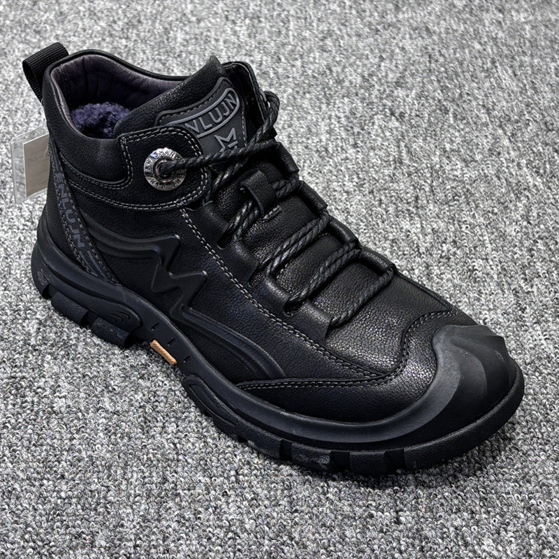 YONGJIA Winter high top leather head layer cowhide wool thick warm men's shoes Casual comfortable men's leather boots (66862-1M)