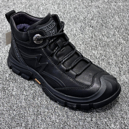 YONGJIA Winter high top leather head layer cowhide wool thick warm men's shoes Casual comfortable men's leather boots (66862-1M)