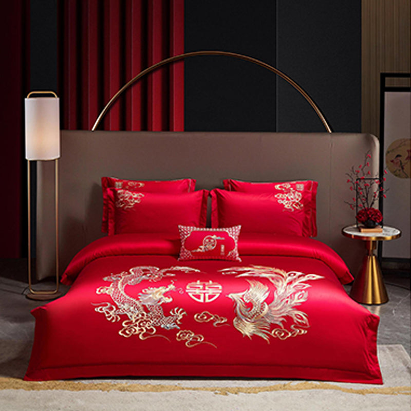 SHANGDIE Dragon and phoenix love wedding wedding bedding four sets（Customized products, specific price ask customer service）Cotton 4-piece embroidery set dragon phoenix wedding room bed 4-piece set