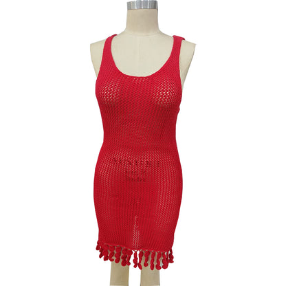 HEYING Crew neck hand crocheted long vest（Products can be customized, price ask customer service）French design sense sleeveless undershirt dress Mid-length dress