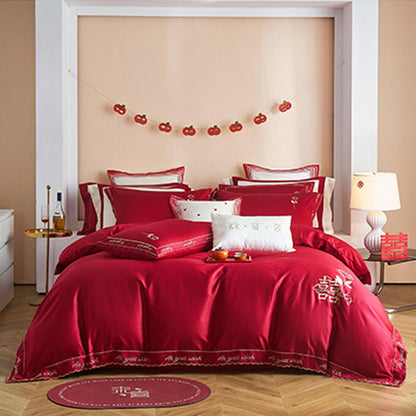 SHANGDIE Bordeaux love wedding 4-piece bedding set（Customized products, specific price ask customer service）Cotton 4-piece set red embroidery set wedding bed 4-piece set