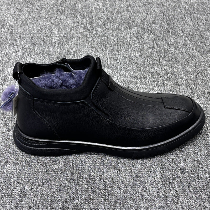 YONGJIA Winter high top leather top layer cowhide wool thick warm men's shoes Casual comfortable zipper set foot soft soled shoes (66927-1M)Velvet goes with everything