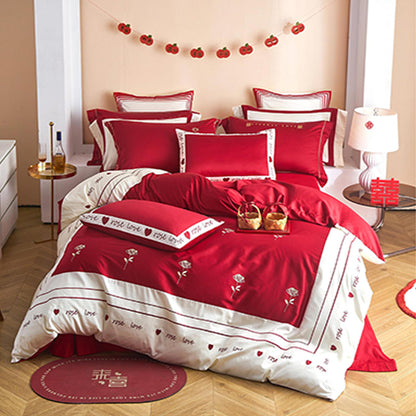 SHANGDIE Rose Heart wedding wedding 4-piece bedding set（Customized products, specific price ask customer service）Young love embroidery long staple cotton four-piece set