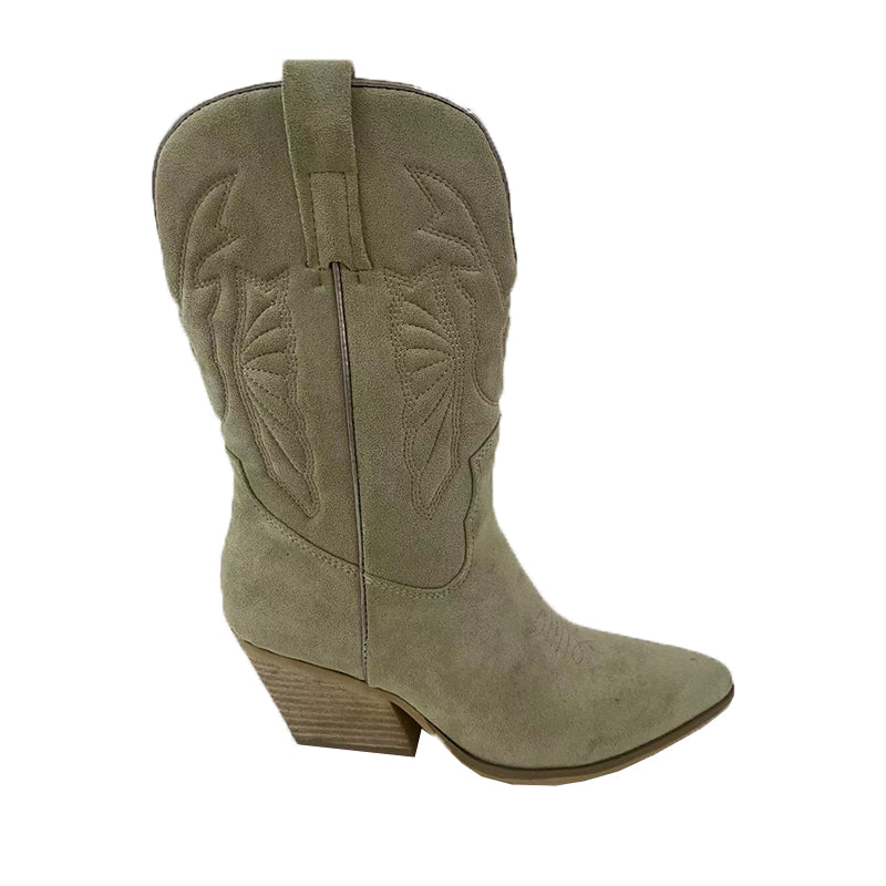 XINRUI Women's embroidered pointed middle boots  Western boots with socket pointed toes and chunky heels（3000 pairs price）