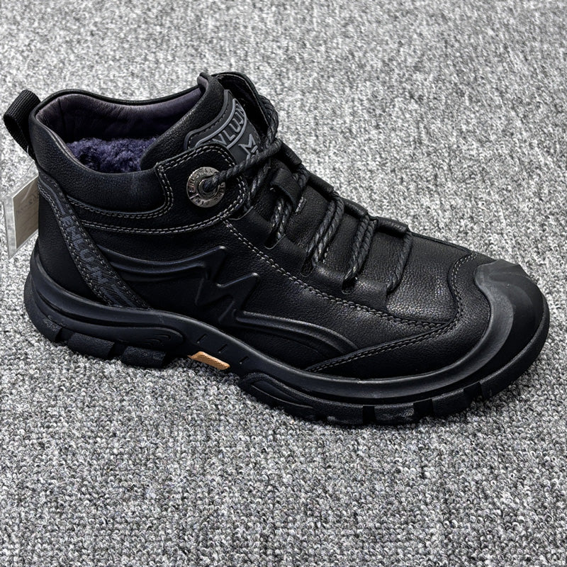YONGJIA Winter high top leather head layer cowhide wool thick warm men's shoes Casual comfortable men's leather boots (66862-1M)