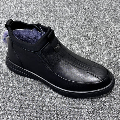 YONGJIA Winter high top leather top layer cowhide wool thick warm men's shoes Casual comfortable zipper set foot soft soled shoes (66927-1M)Velvet goes with everything