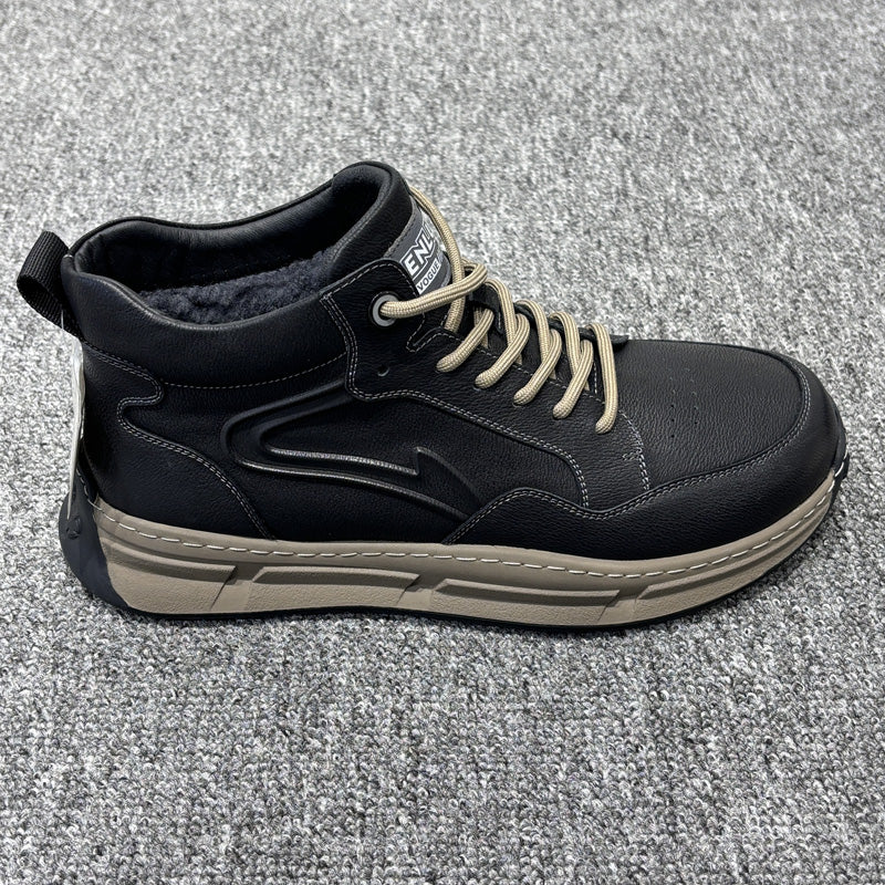 YONGJIA Winter high top leather head layer cowhide wool thick warm men's shoes Casual and comfortable outdoor work shoes (85913-1M) Velvet goes with everything