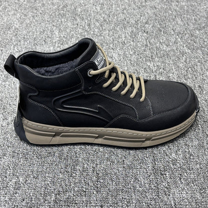YONGJIA Winter high top leather head layer cowhide wool thick warm men's shoes Casual and comfortable outdoor work shoes (85913-1M) Velvet goes with everything
