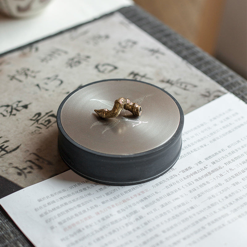 XUANYAN The bamboo moon covered the ink sea with tin  Wenfang four treasures ink stone with cover is suitable for small ink stone
