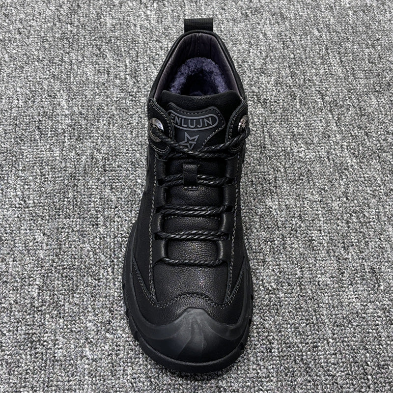 YONGJIA Winter high top leather head layer cowhide wool thick warm men's shoes Casual comfortable men's leather boots (66862-1M)