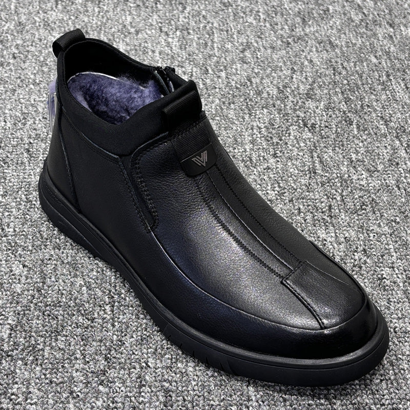 YONGJIA Winter high top leather top layer cowhide wool thick warm men's shoes Casual comfortable zipper set foot soft soled shoes (66927-1M)Velvet goes with everything