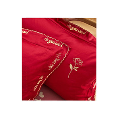 SHANGDIE Bordeaux love wedding 4-piece bedding set（Customized products, specific price ask customer service）Cotton 4-piece set red embroidery set wedding bed 4-piece set