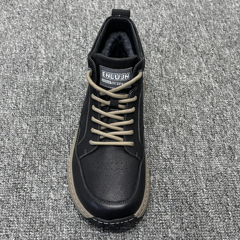 YONGJIA Winter high top leather head layer cowhide wool thick warm men's shoes Casual and comfortable outdoor work shoes (85913-1M) Velvet goes with everything