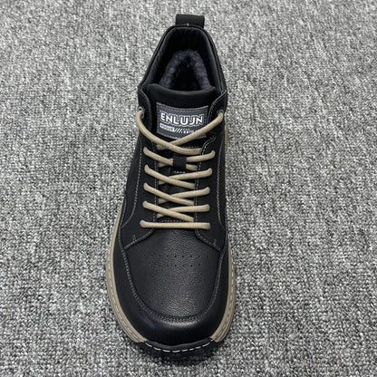 YONGJIA Winter high top leather head layer cowhide wool thick warm men's shoes Casual and comfortable outdoor work shoes (85913-1M) Velvet goes with everything