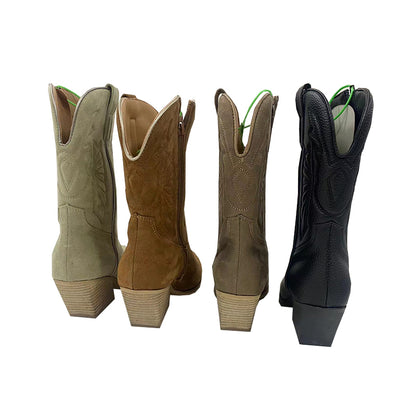 XINRUI Women's embroidered pointed middle boots  Western boots with socket pointed toes and chunky heels（3000 pairs price）