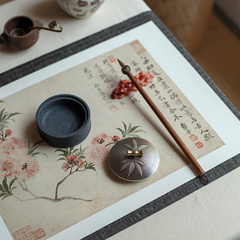 XUANYAN The bamboo moon covered the ink sea with tin  Wenfang four treasures ink stone with cover is suitable for small ink stone