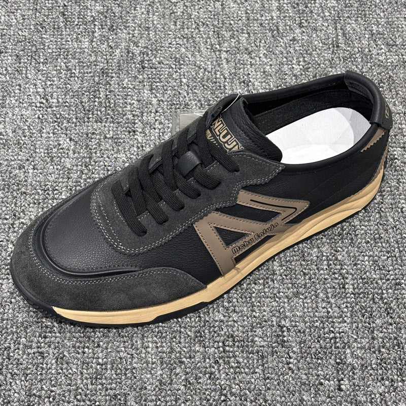 YONGJIA Spring new leather head layer cowhide fashion single shoes men's shoes All match flat comfortable sports casual shoes (85835-61)  Low top non-slip soft sole