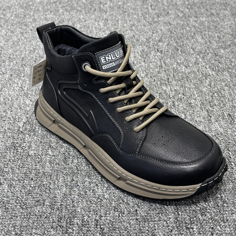 YONGJIA Winter high top leather head layer cowhide wool thick warm men's shoes Casual and comfortable outdoor work shoes (85913-1M) Velvet goes with everything