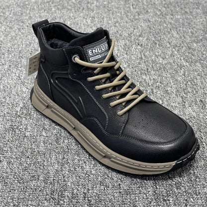 YONGJIA Winter high top leather head layer cowhide wool thick warm men's shoes Casual and comfortable outdoor work shoes (85913-1M) Velvet goes with everything