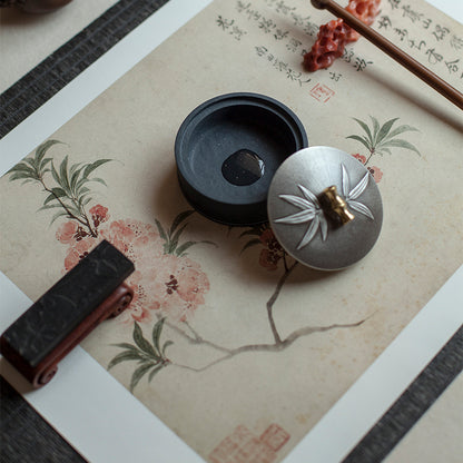 XUANYAN The bamboo moon covered the ink sea with tin  Wenfang four treasures ink stone with cover is suitable for small ink stone