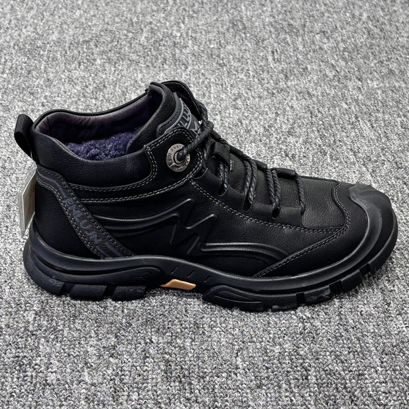 YONGJIA Winter high top leather head layer cowhide wool thick warm men's shoes Casual comfortable men's leather boots (66862-1M)