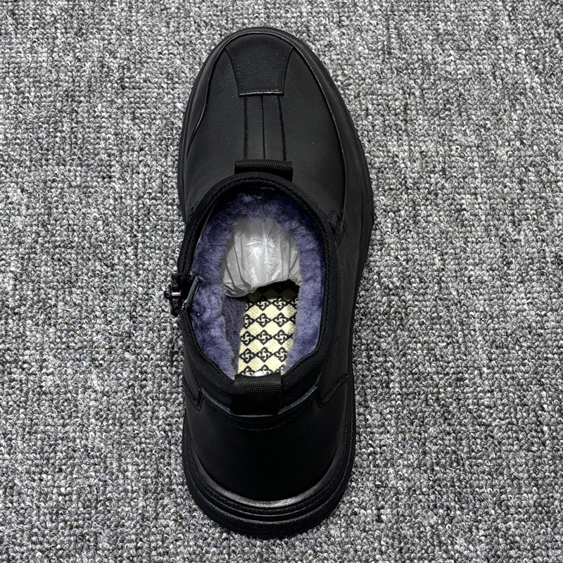 YONGJIA Winter high top leather top layer cowhide wool thick warm men's shoes Casual comfortable zipper set foot soft soled shoes (66927-1M)Velvet goes with everything