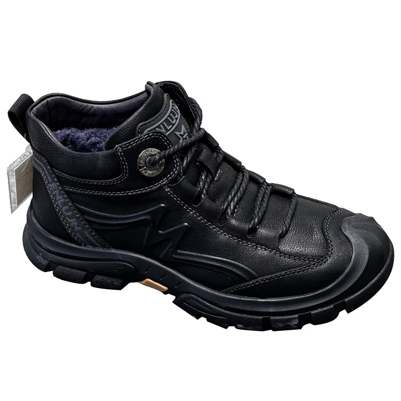 YONGJIA Winter high top leather head layer cowhide wool thick warm men's shoes Casual comfortable men's leather boots (66862-1M)